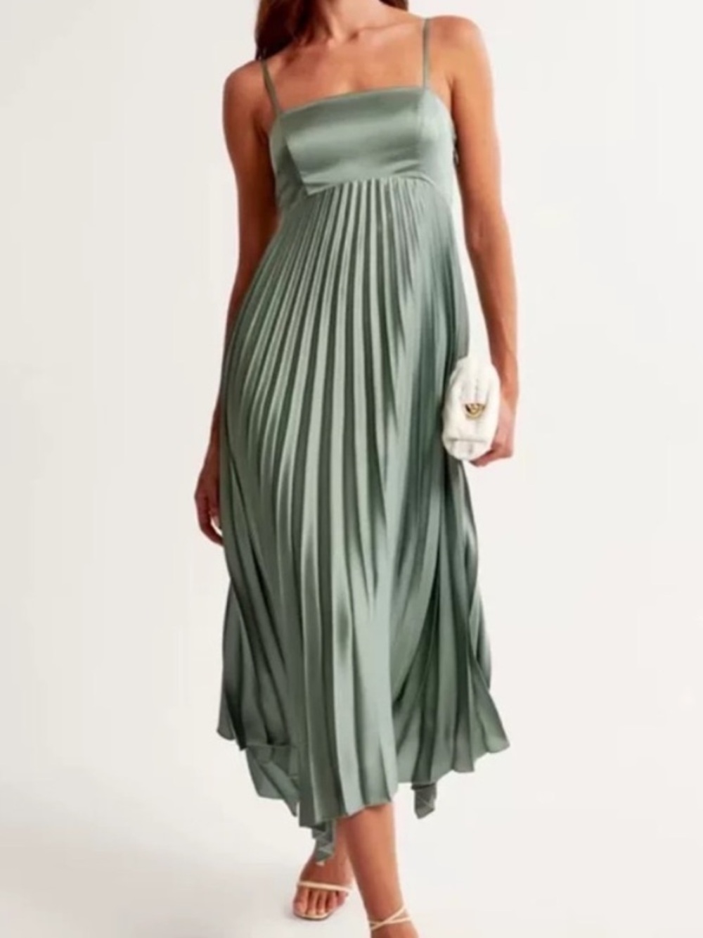 Abercrombie & Fitch Pleated Satin Midi Dress in Sage Green